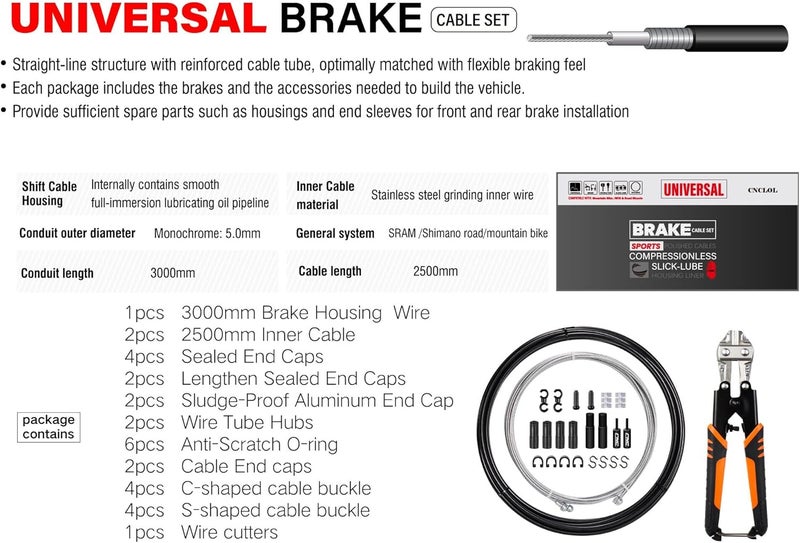 CNCLOL CNC Universal Bike Brake Cable Kit,Bicycle Brake Cable Set with Stainless Steel Wire Cutter-Front and Rear Brake Cable 2.5m with Oil Housing 3m for Mountain Bike/MTB/BMX/Road Bike. - Image 2